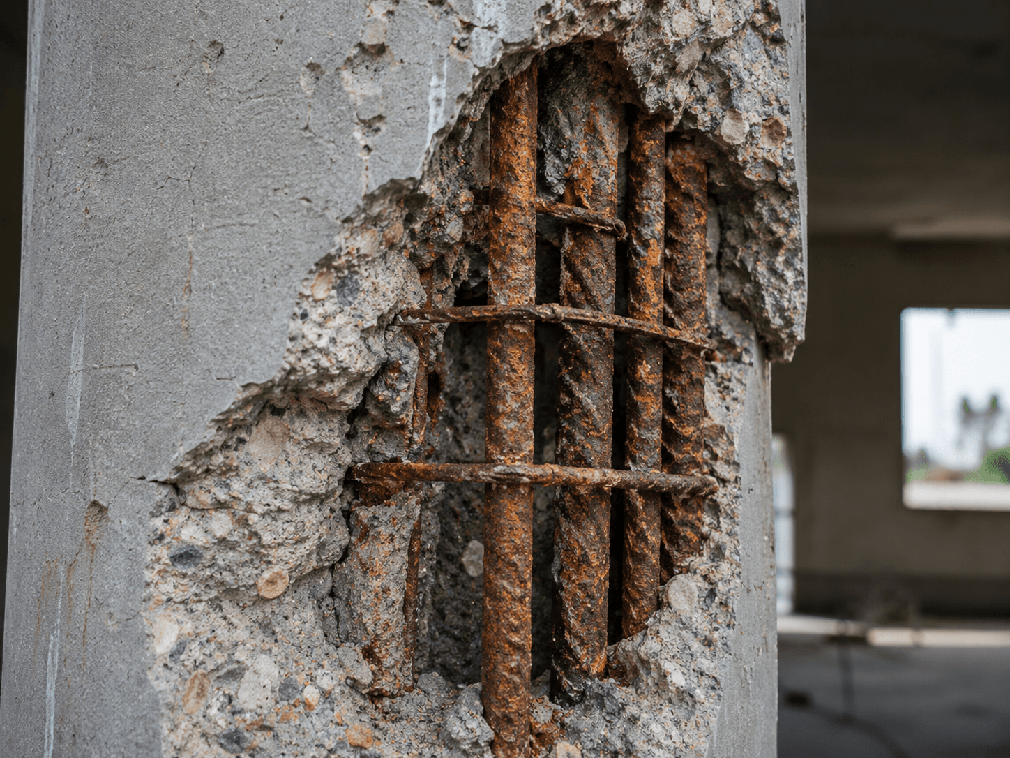 Diagnóstico de corrosão de ferragem e perda de cobrimento em pilar de concreto