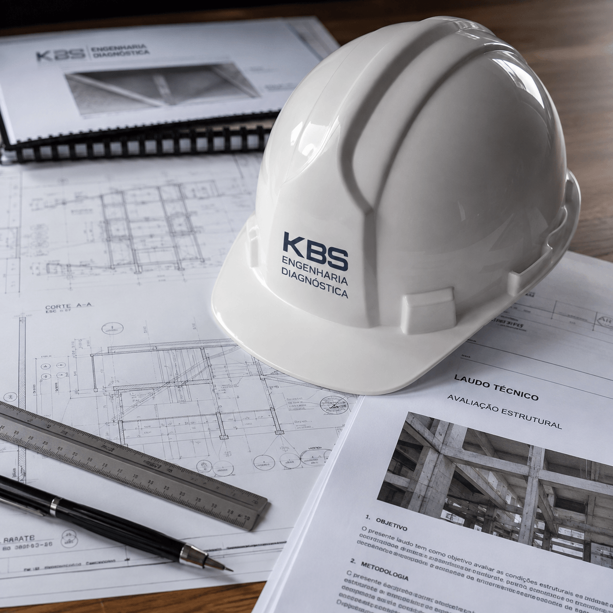 Capacete de Engenharia Diagnóstica KBS sobre relatório técnico de avaliação estrutural e plantas