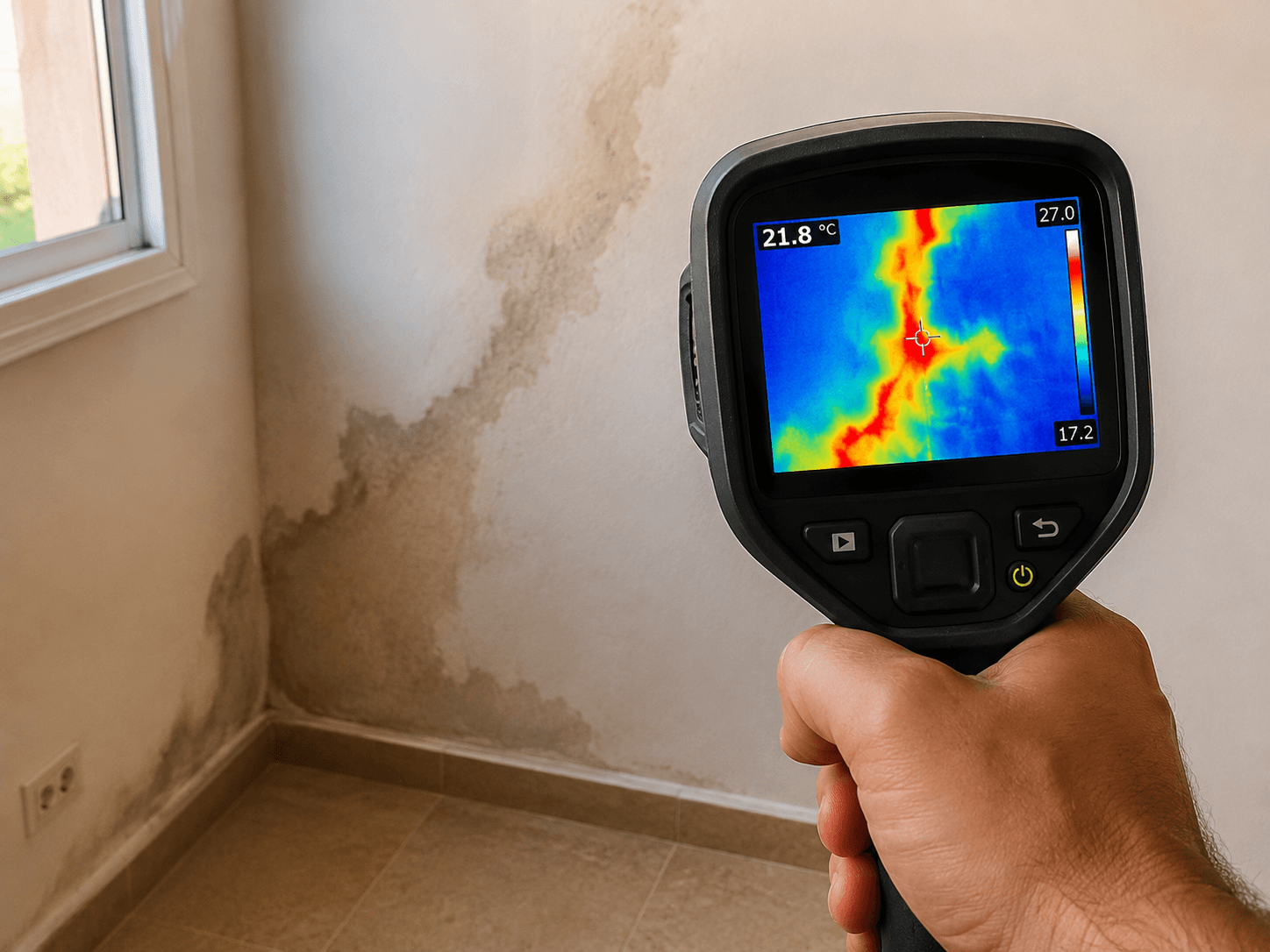 Câmera de termografia pericial detectando infiltrações de água ocultas